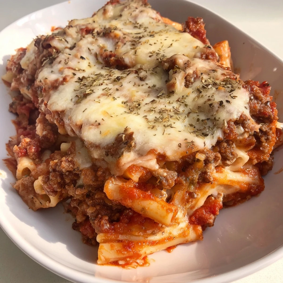A close-up of golden, bubbling Baked Ziti with Ground Beef and Marinara served in a white dish, with melted mozzarella and ricotta cheese stretching from the pasta.