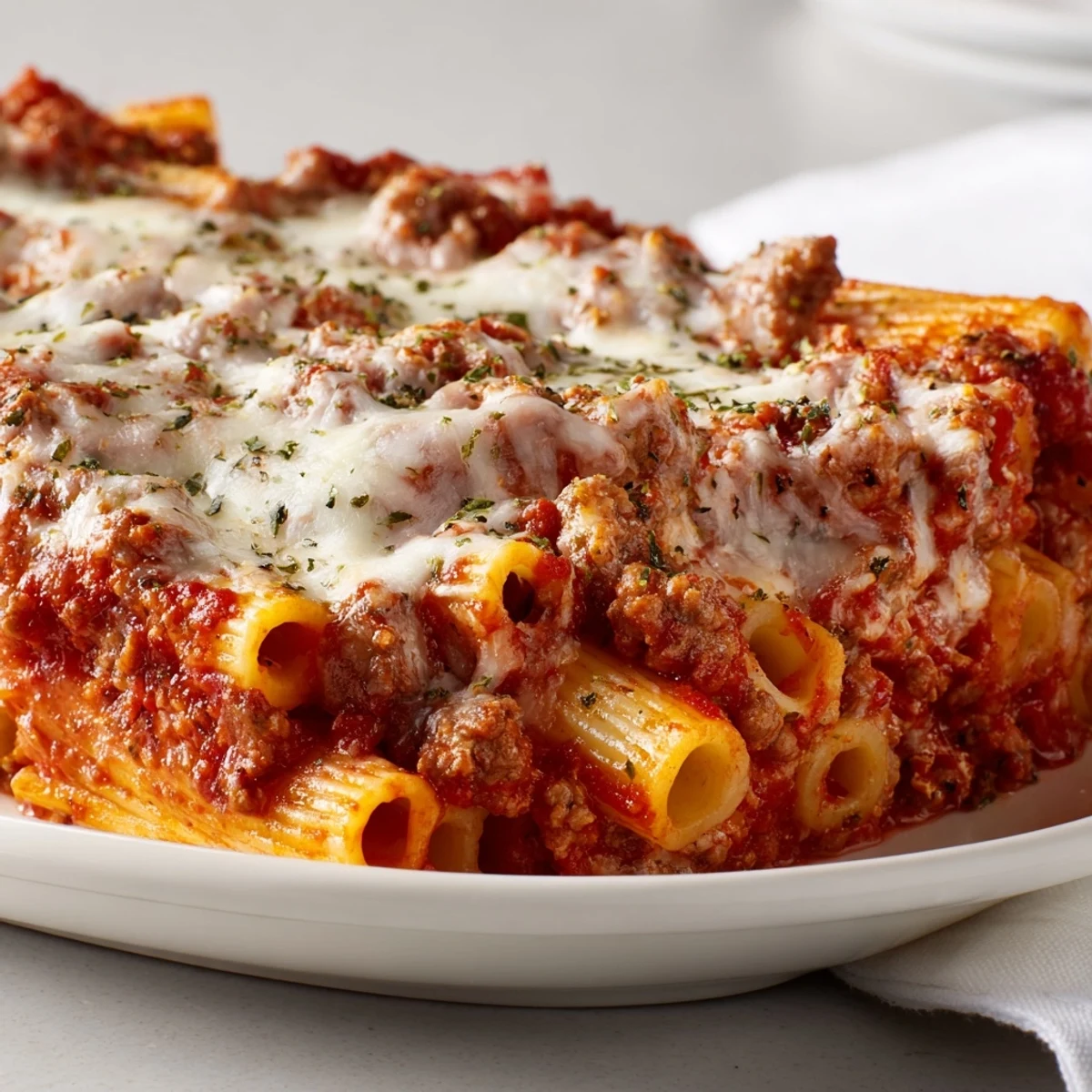A fork lifts a cheesy serving of Baked Ziti with Ground Beef and Marinara, revealing tender pasta coated in rich red sauce and layered with ricotta and mozzarella.