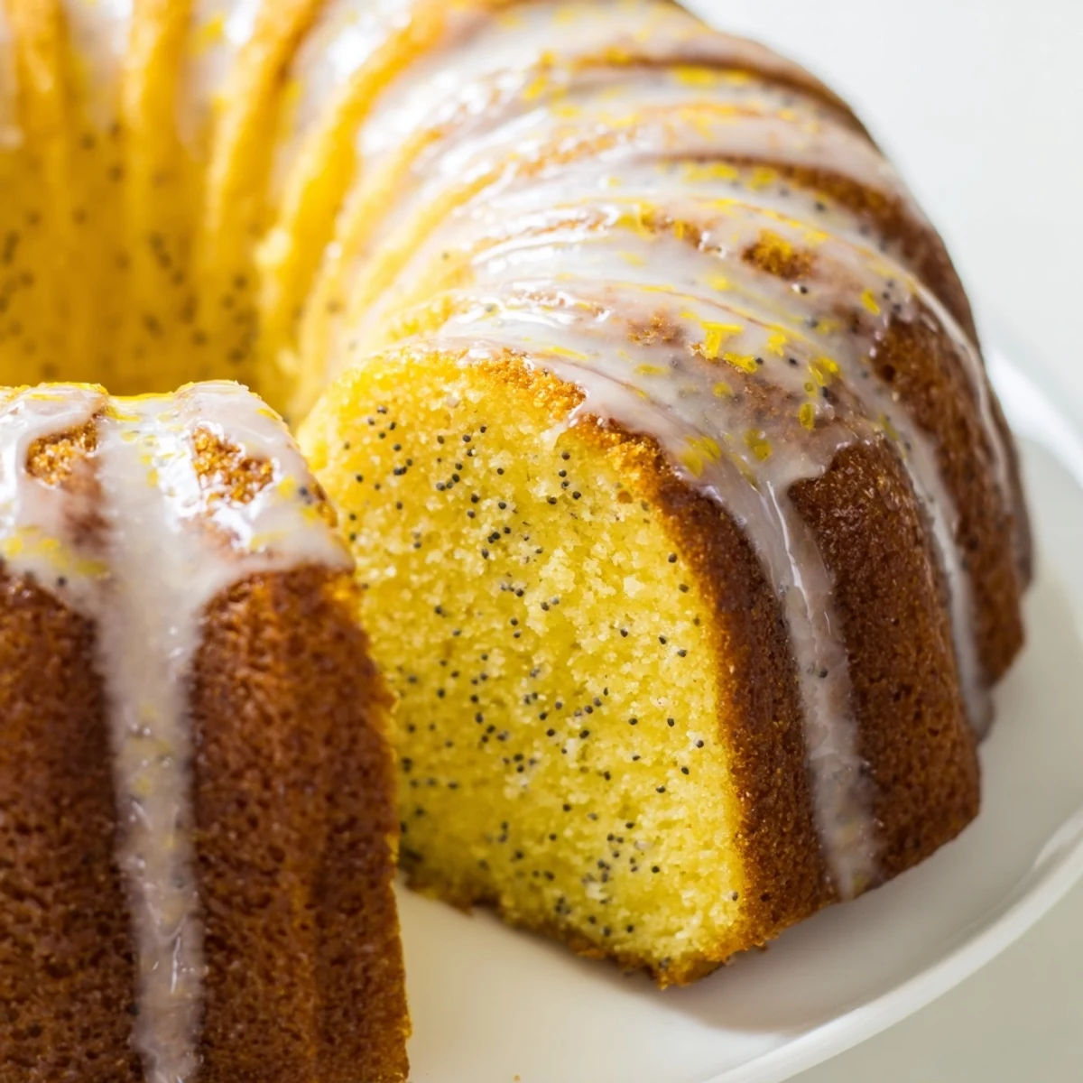 A freshly baked Lemon Poppy Seed Bundt Cake with Glaze sits on a cooling rack, showcasing its golden-brown, fluted design and shiny, pale yellow drizzle.