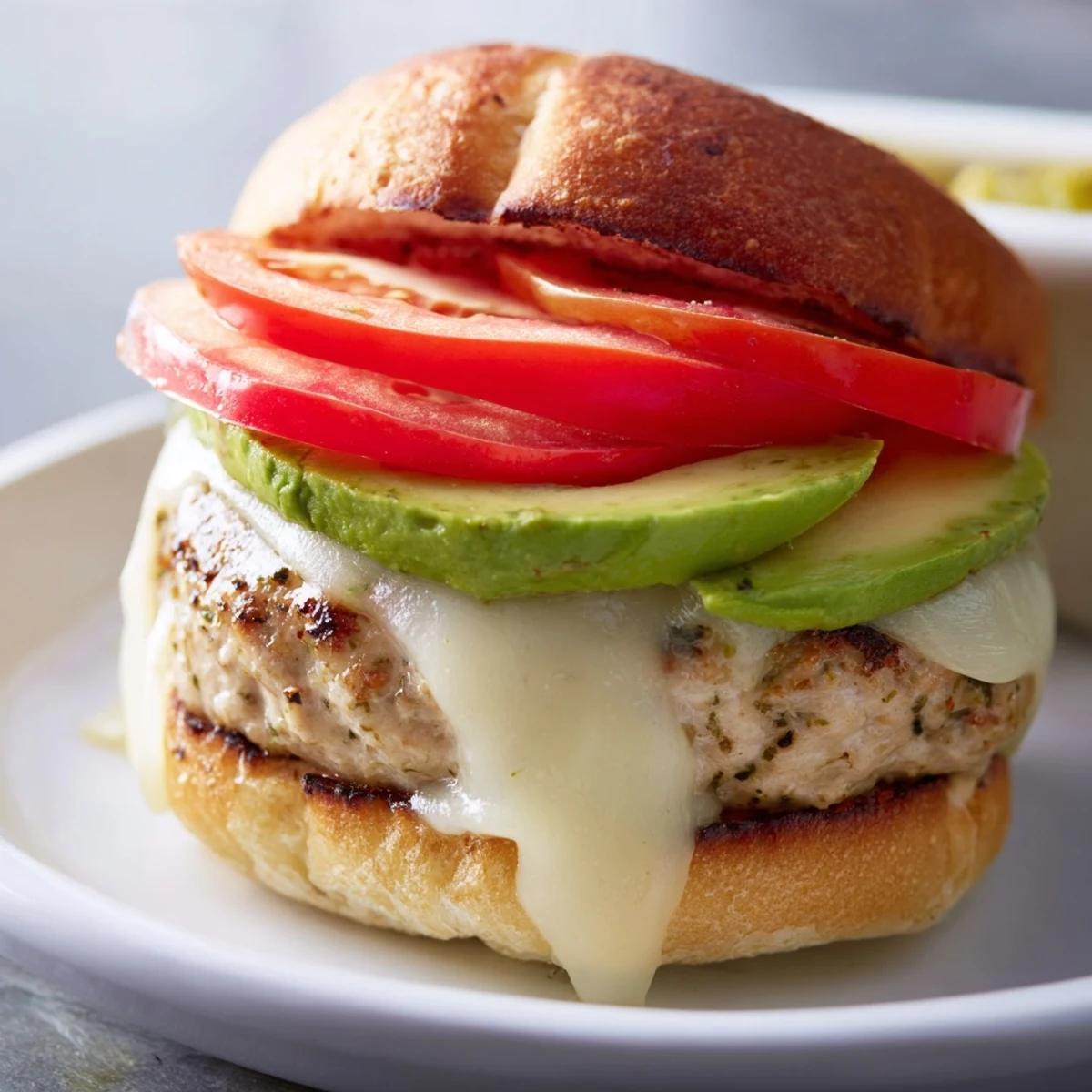 Juicy turkey burger with Swiss cheese and avocado slices on a toasted bun, garnished with fresh lettuce and tomato.
