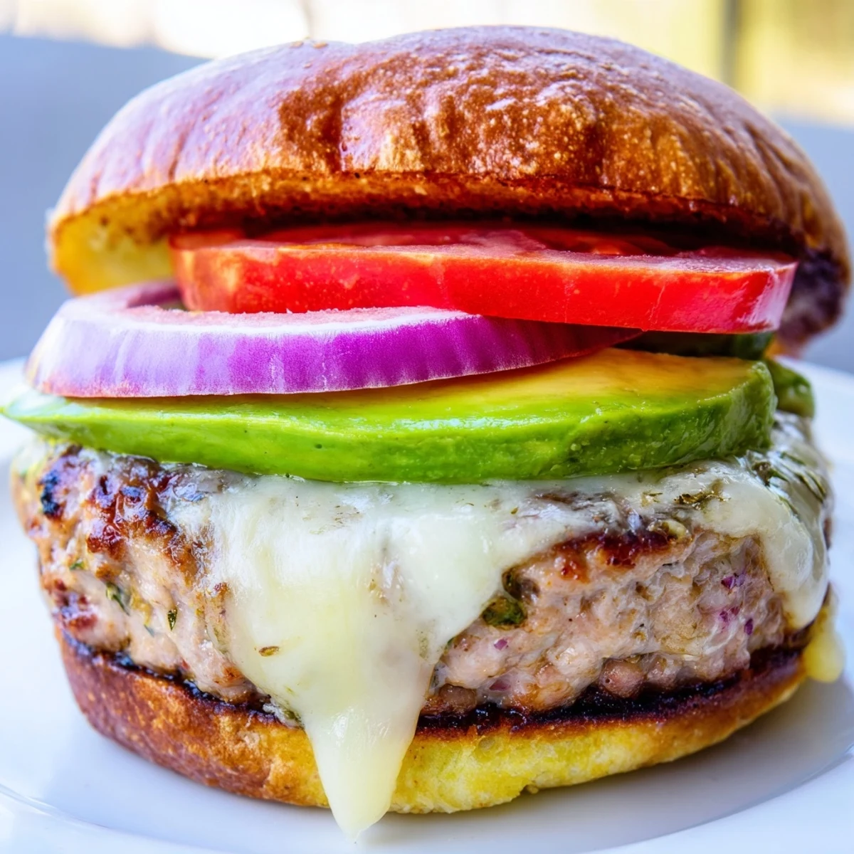 Melted Swiss cheese over a savory turkey burger, creamy avocado layered with tomato on a golden toasted bun.