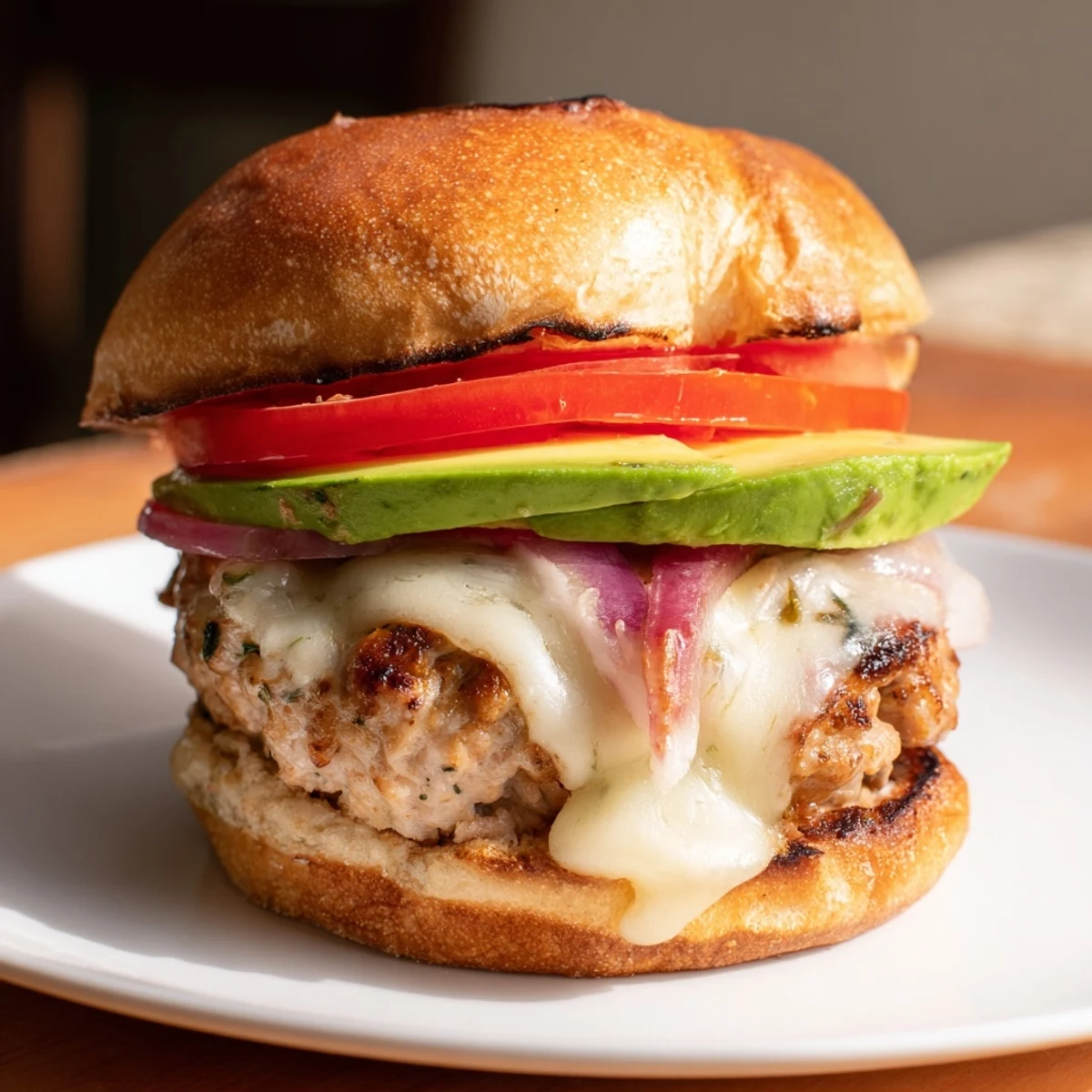 Turkey burger with Swiss cheese and avocado served on a toasted bun, alongside crisp lettuce and ripe tomato slices.