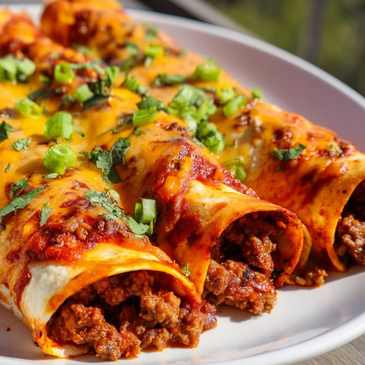 Freshly baked Beef Enchiladas with Red Enchilada Sauce, bubbling with melted cheddar and Monterey Jack, served hot from the oven.
