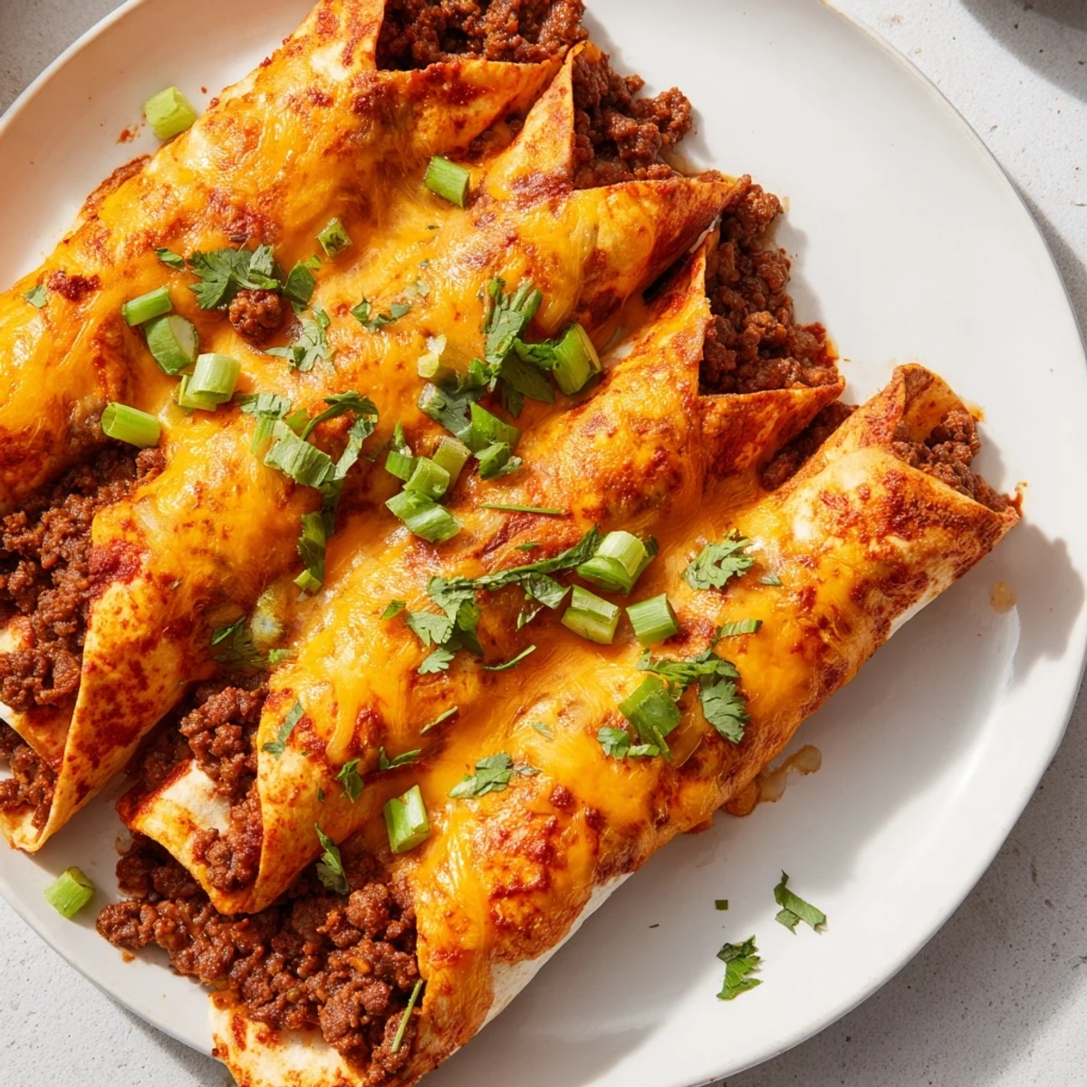 Beef Enchiladas with Red Enchilada Sauce topped with cilantro and green onions, placed on a rustic table ready for family dinner.