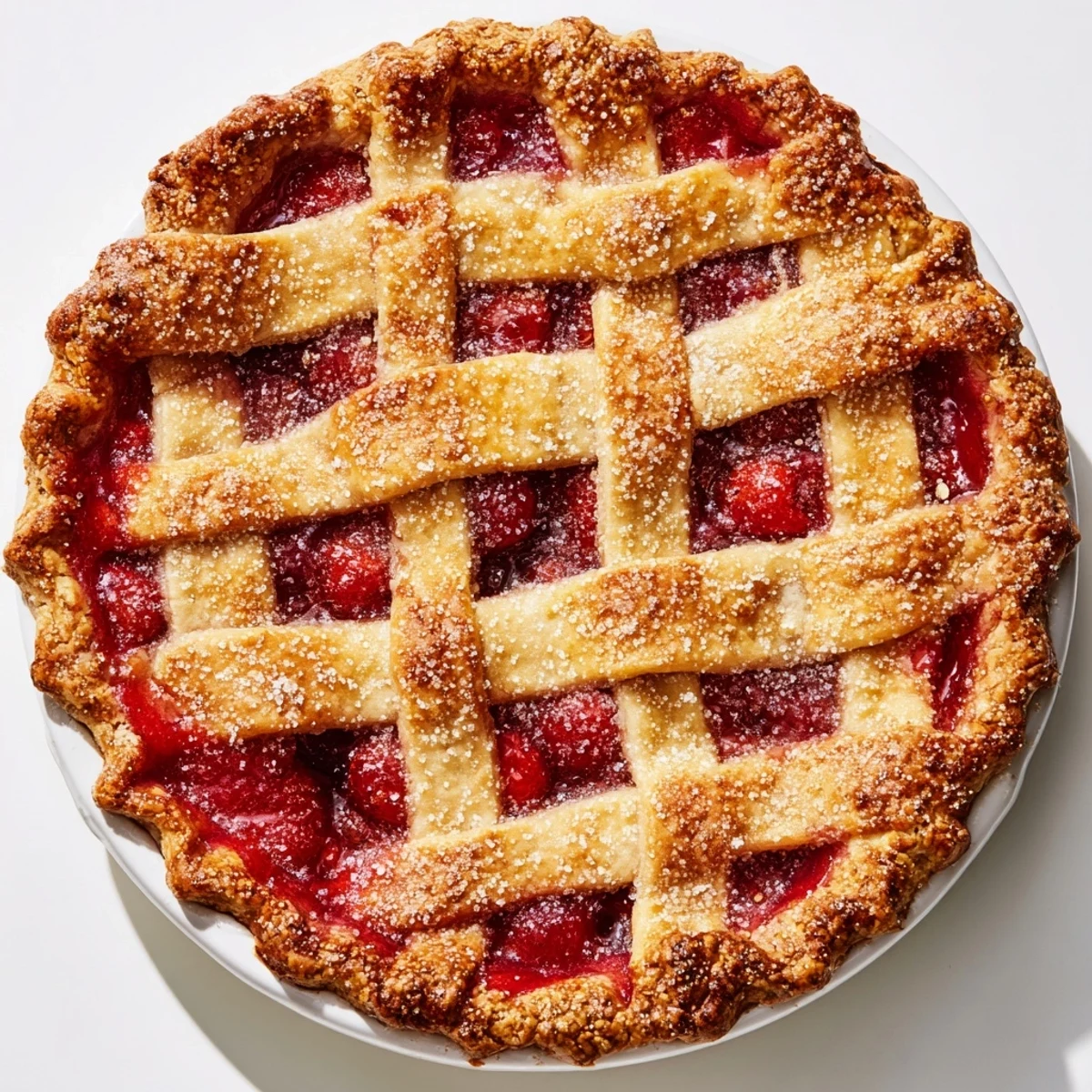 Golden slices of Sweetheart Cherry Pie with lattice crust and ruby-red cherry filling on a white plate.