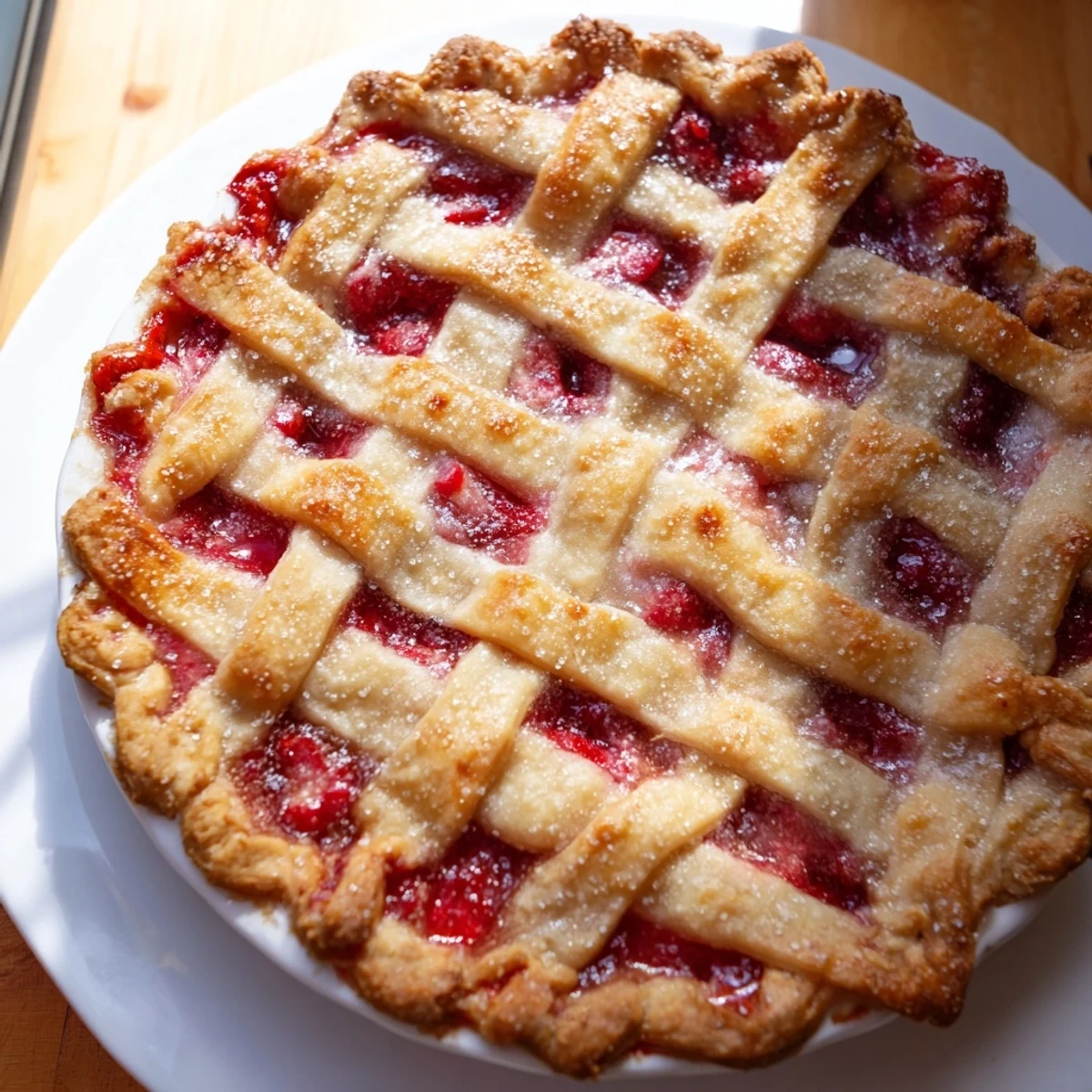 Perfectly crimped Sweetheart Cherry Pie, lattice top baked golden, with fresh cherries and mint garnish.