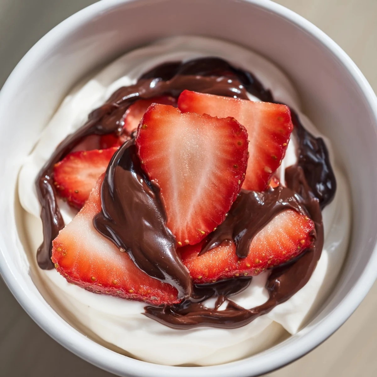 Freshly sliced strawberries rest on creamy Greek yogurt, with a glossy dark chocolate drizzle topping this quick and healthy snack.  