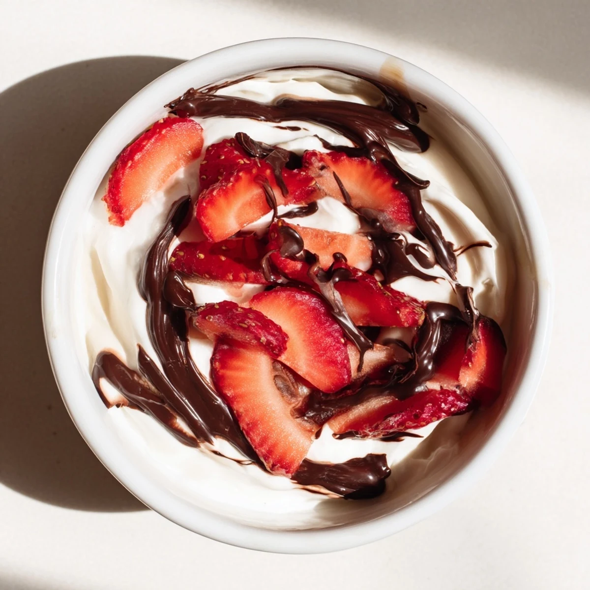 Greek yogurt bowls with sweet strawberries and a rich chocolate coating, presented as an easy high-protein dessert for indulgent cravings.  