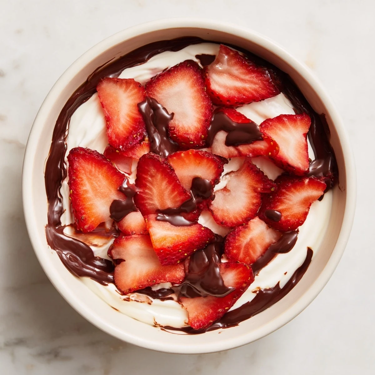 A close-up of luscious Greek yogurt, juicy strawberry slices, and dark chocolate drizzle creating a tempting, healthy snack or dessert.