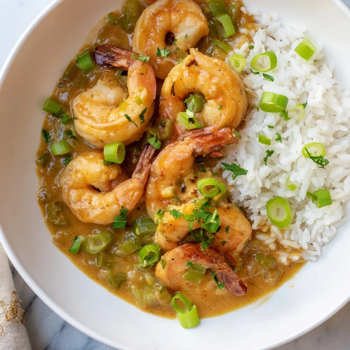 Golden-brown shrimp nestled in a thick Creole sauce, served over a mound of fluffy white rice and garnished with parsley.