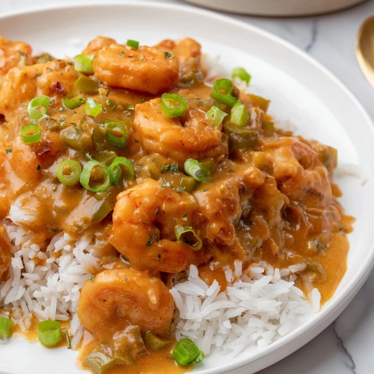 Homemade Creole Shrimp Étouffée with Fluffy Rice in a rustic bowl, garnished with green onions and a lemon wedge for brightness.