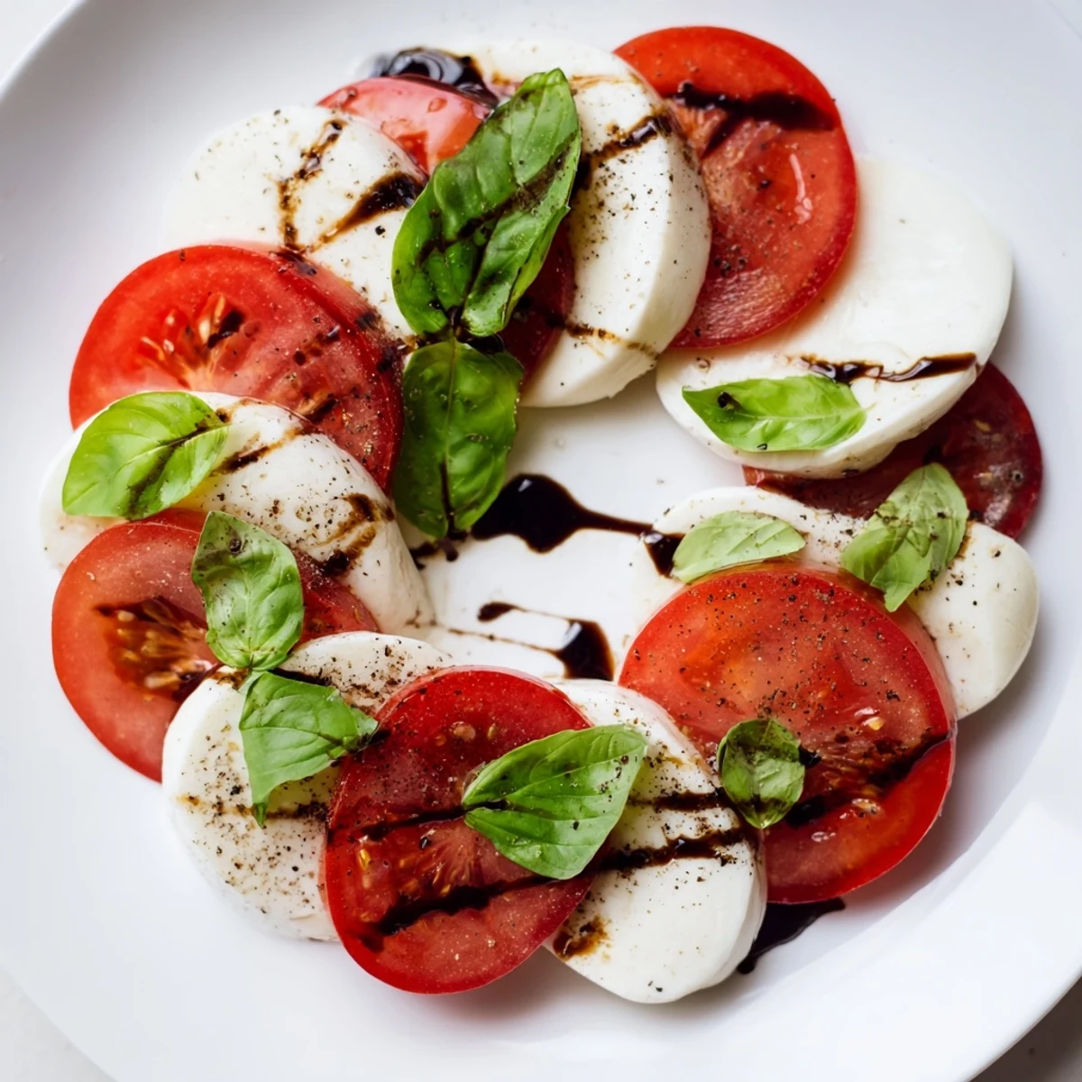 Fresh heart-shaped mozzarella and ripe tomato slices arranged elegantly, drizzled with a sweet balsamic glaze and olive oil on a plate.