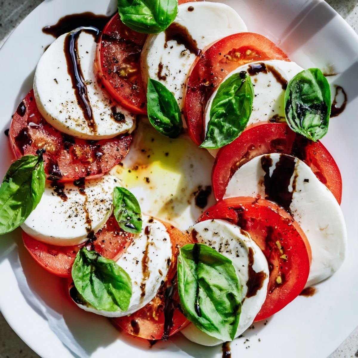 Close-up of Valentine Caprese Salad, showcasing juicy tomato rounds and mozzarella hearts, finished with a glossy balsamic drizzle for a special occasion.