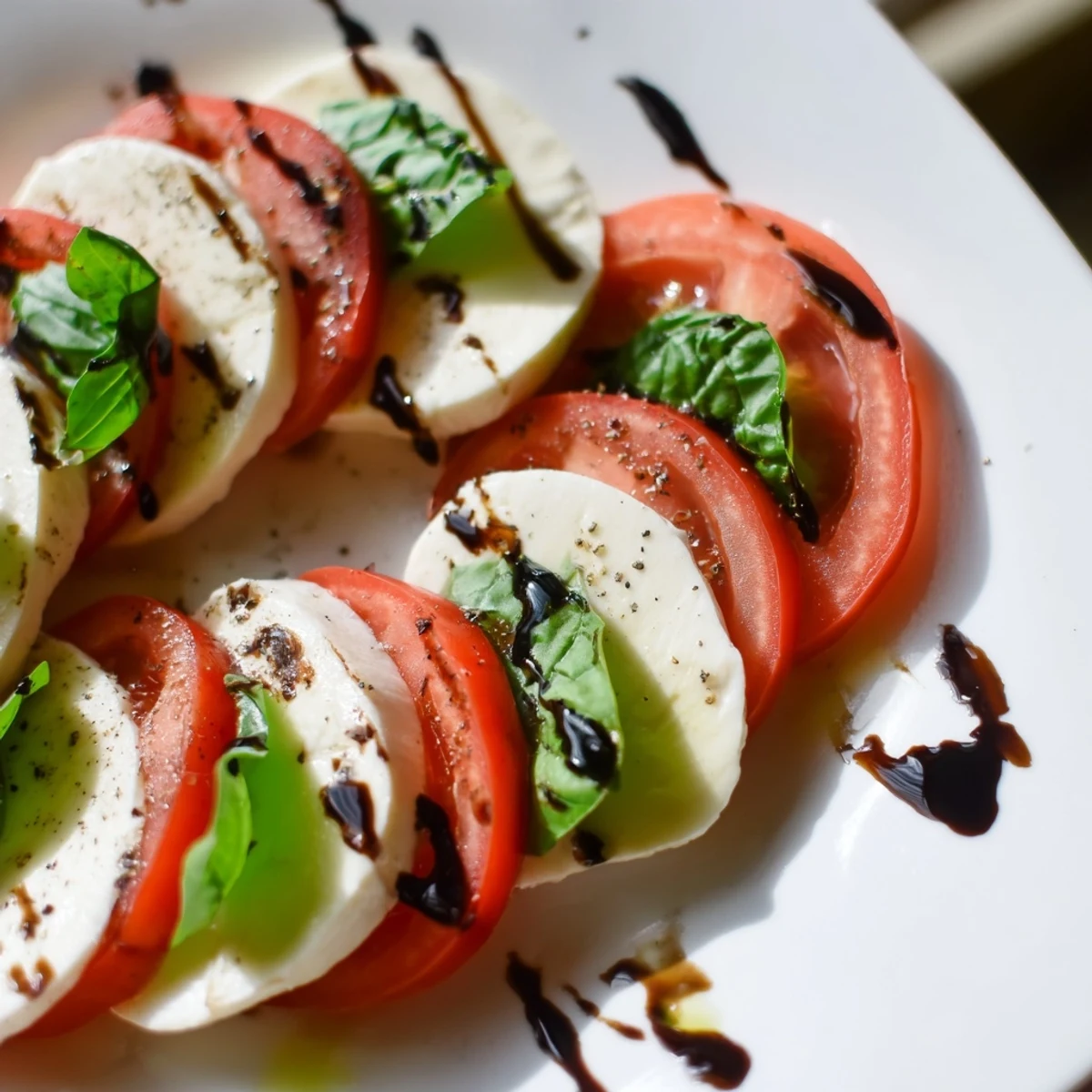 Valentine Caprese Salad with Balsamic Glaze served on a white plate, garnished with fresh basil leaves for a romantic Italian appetizer.