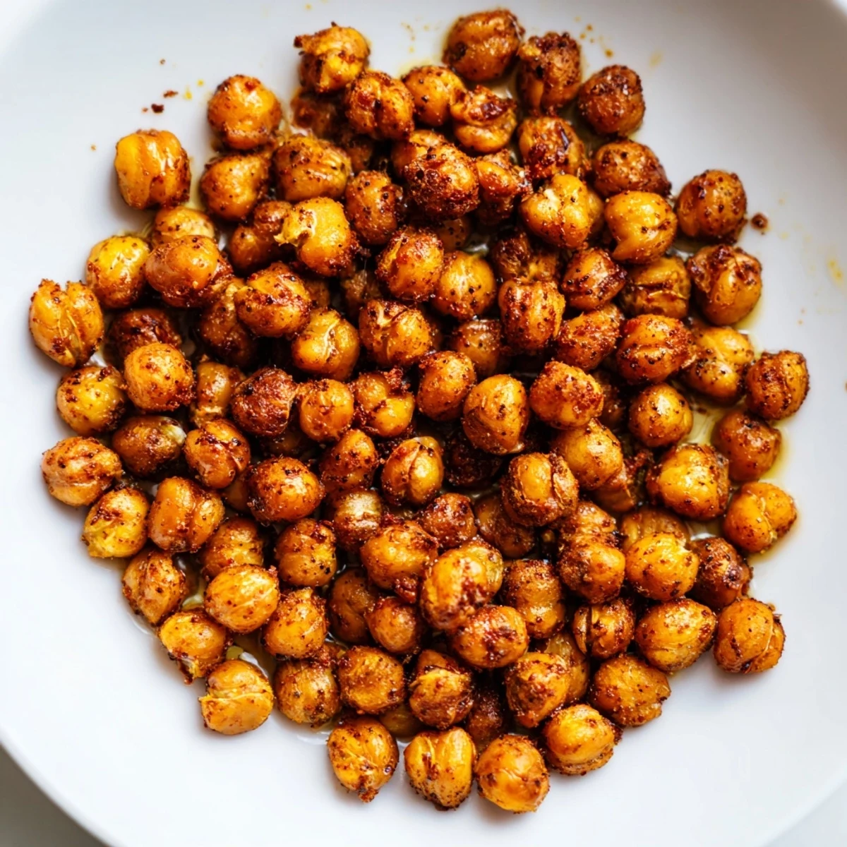 A bowl of Cajun spiced roasted chickpeas is topped with fresh parsley, perfect for salads or as a high-protein vegan treat.  