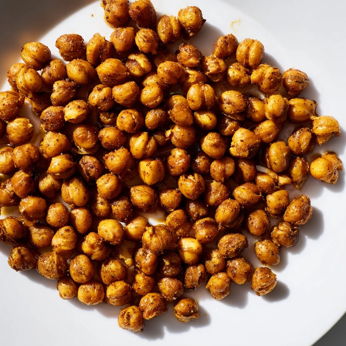 Close-up of crispy Cajun spiced roasted chickpeas spilling from a jar, showing their crunchy texture and bold spice coating.