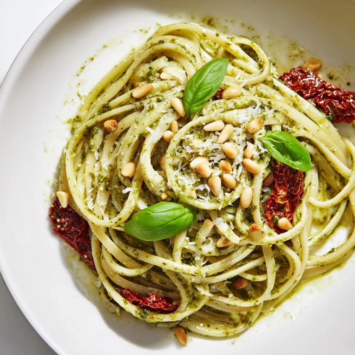 A vibrant plate of green pesto pasta with sun-dried tomatoes, freshly grated Parmesan, and toasted pine nuts.