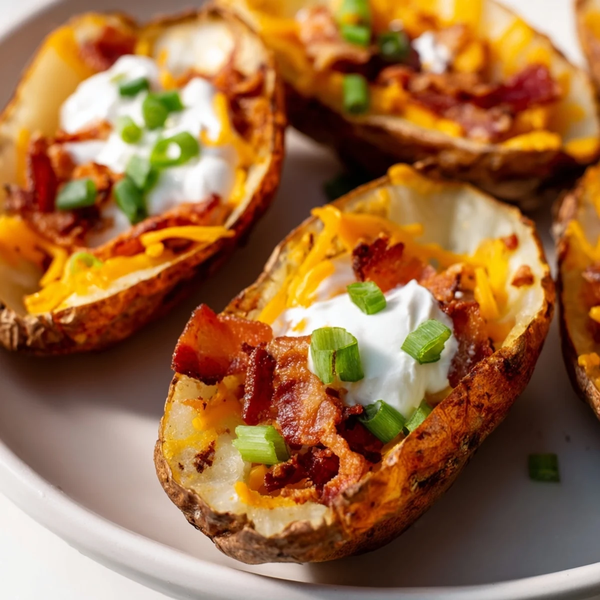 Golden-brown Game Day Loaded Potato Skins with Cheese topped with sour cream, chives, and crispy bacon bits. 