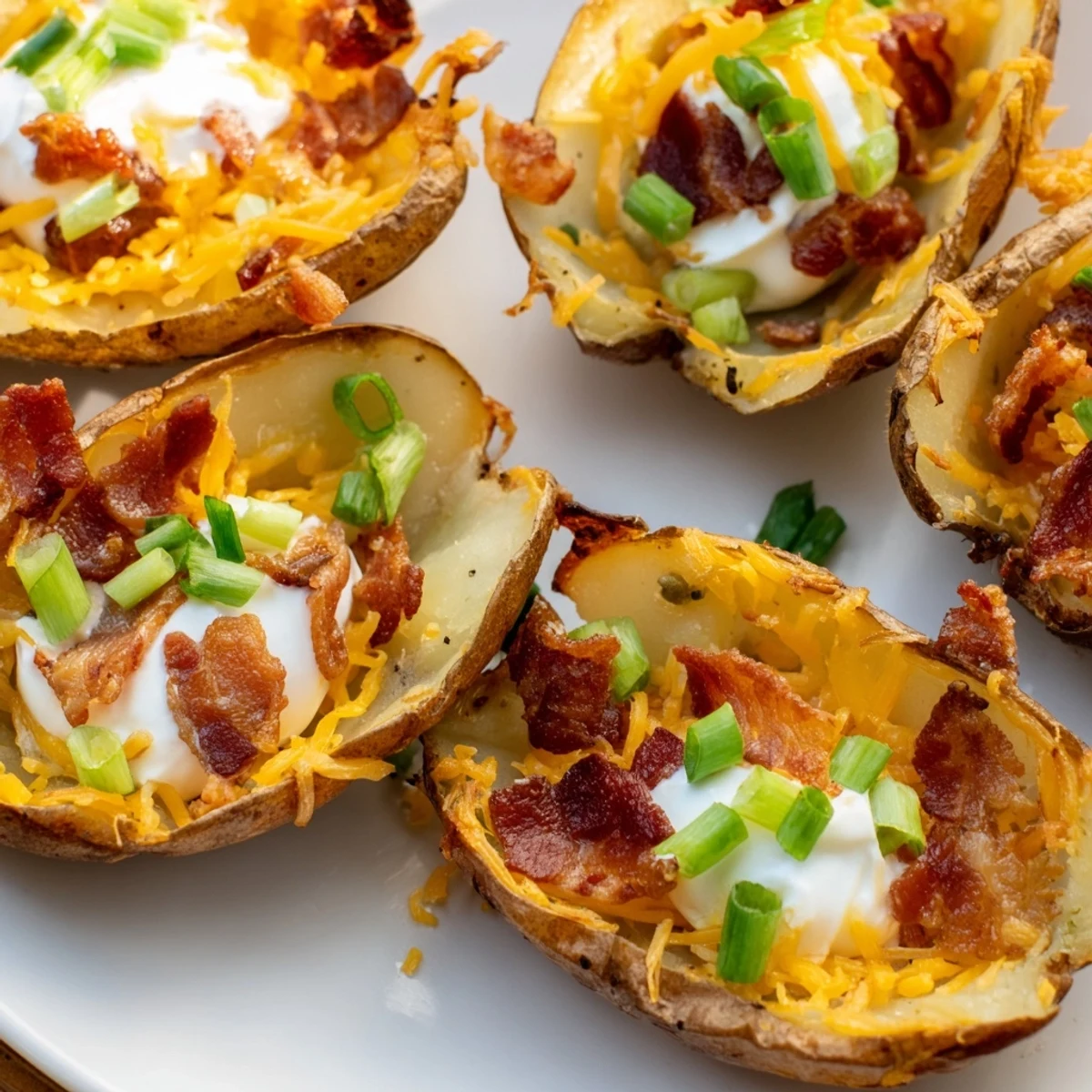 A close-up view of bubbly, melted cheddar cheese on Game Day Loaded Potato Skins with Cheese, served on a platter. 