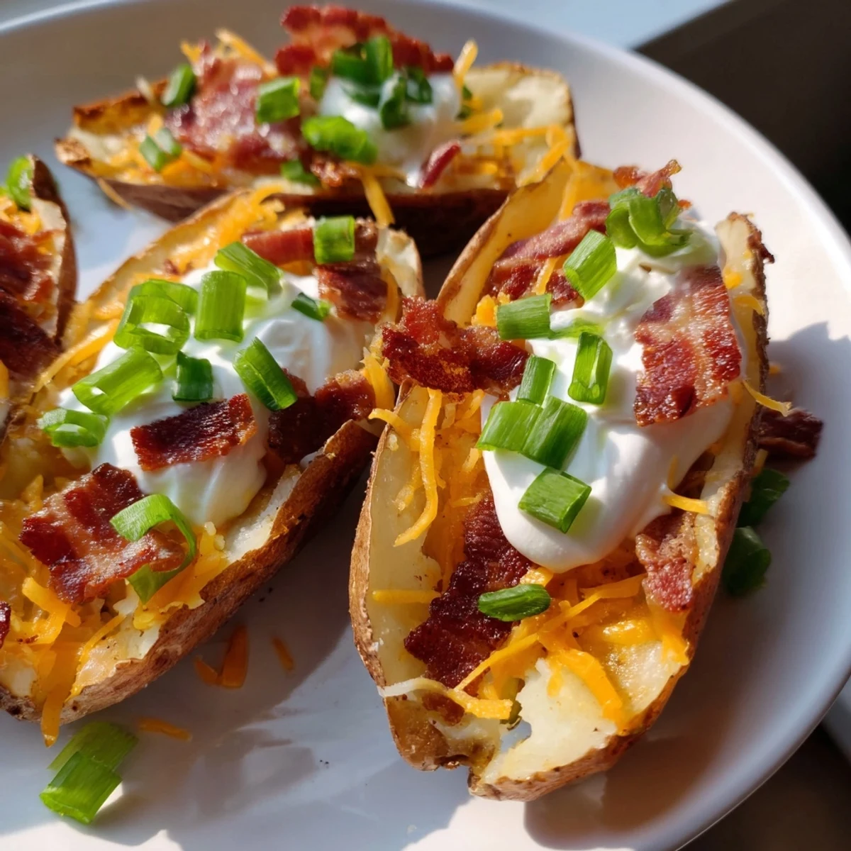 Freshly baked Game Day Loaded Potato Skins with Cheese garnished with green onions and sour cream for a savory bite.