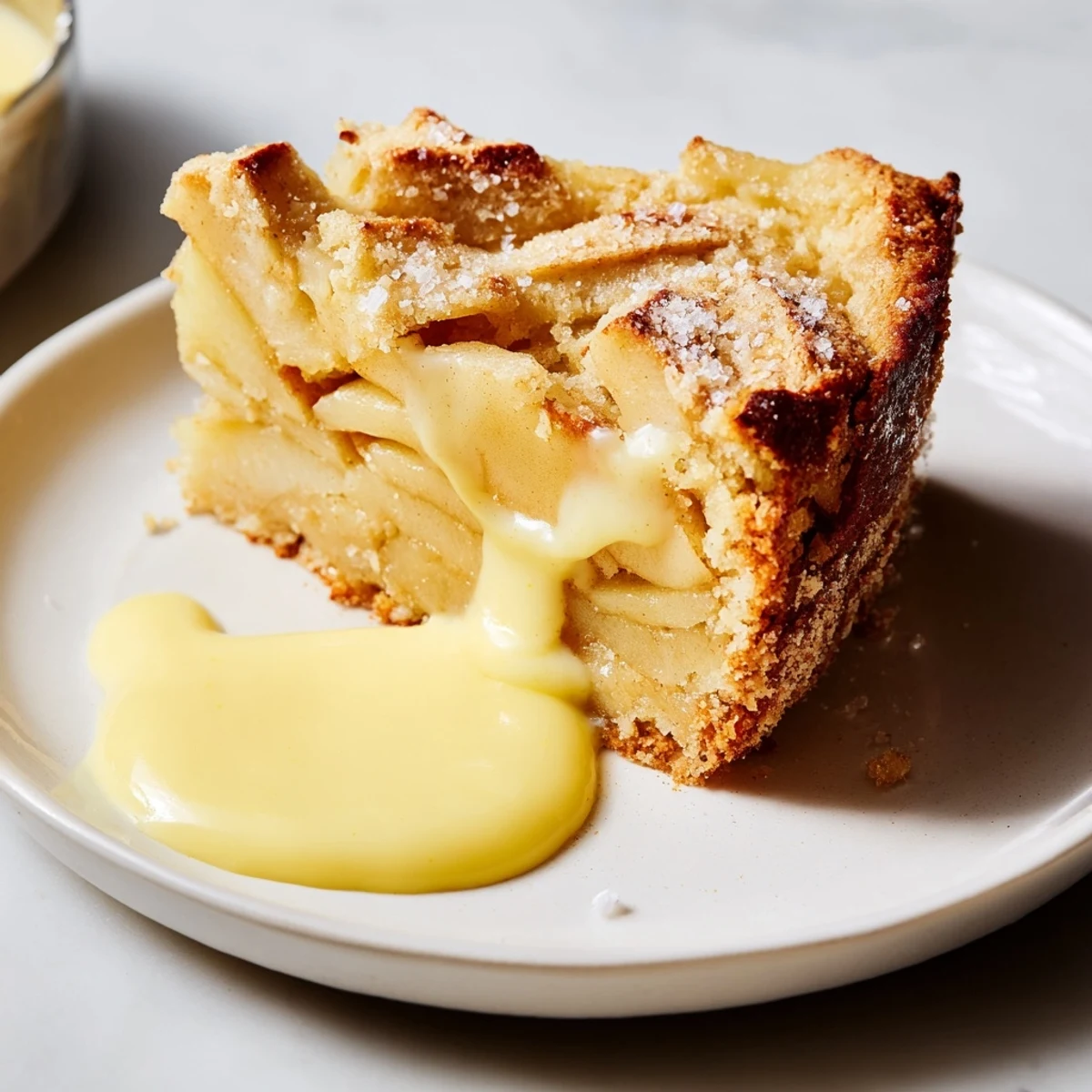 Freshly baked Irish Apple Cake with Vanilla Custard, featuring golden crust, tender cinnamon-spiced apples, and silky custard drizzled over a warm slice.