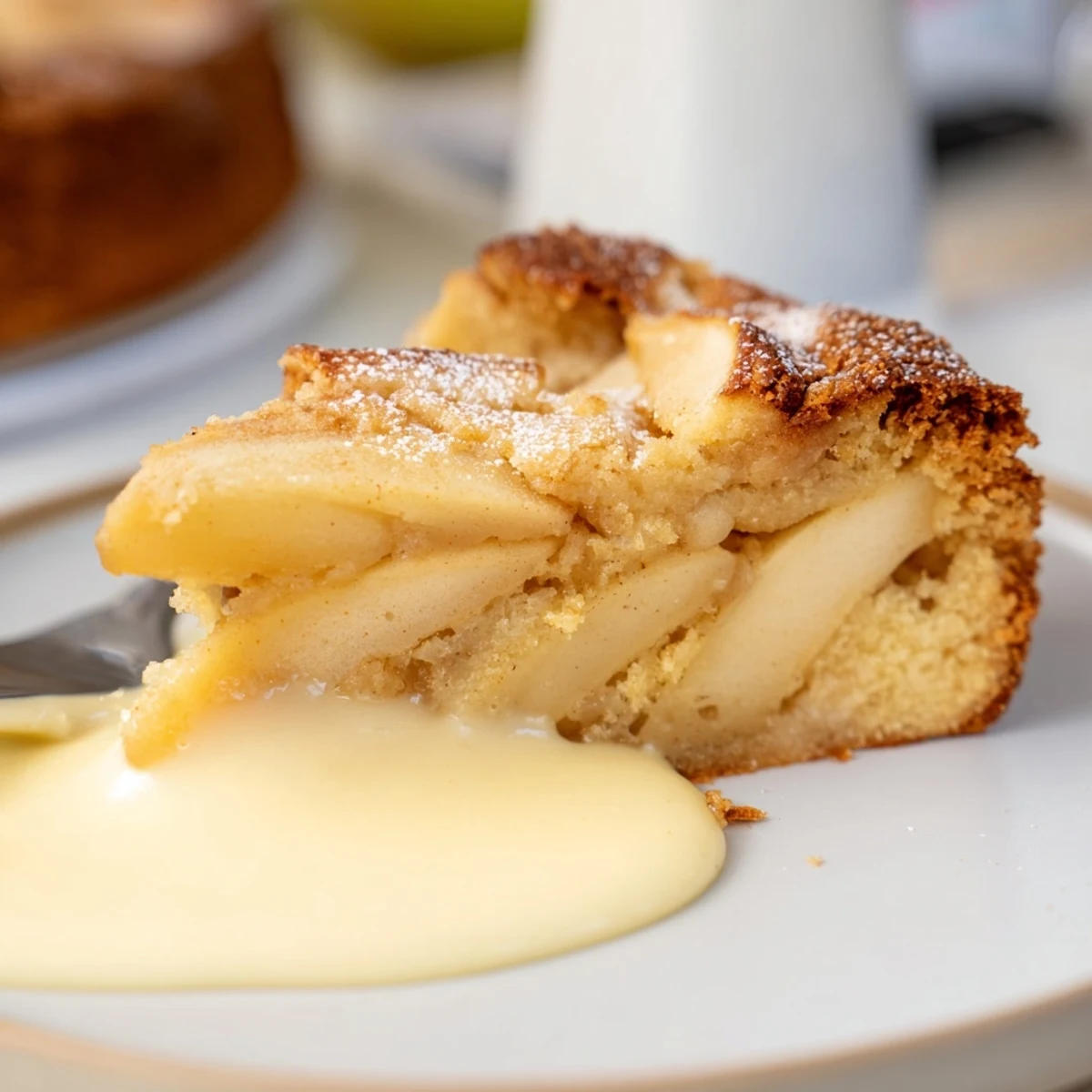 A slice of warm Irish Apple Cake with Vanilla Custard on a rustic plate, with more custard in a white pitcher for serving.