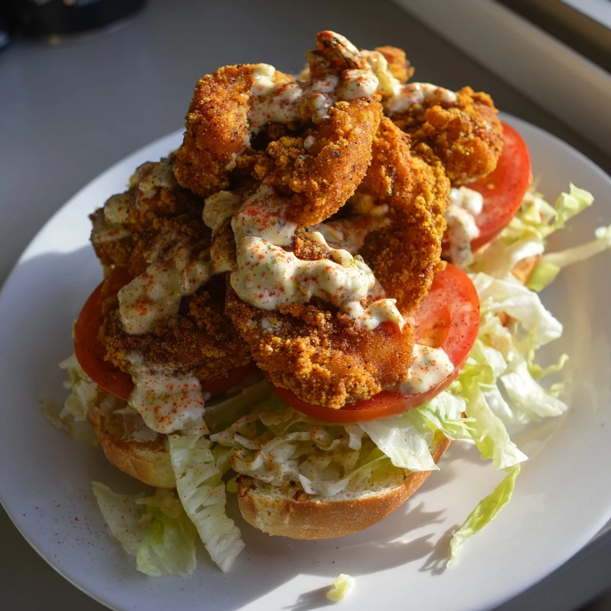 Crispy fried Southern Shrimp Po Boy with remoulade on a toasted French roll, layered with fresh lettuce and ripe tomato slices.
