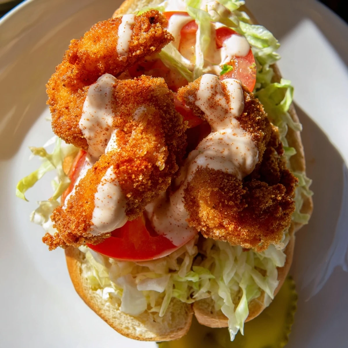 A freshly assembled Southern Shrimp Po Boy featuring golden fried shrimp, cool remoulade sauce, and crisp iceberg lettuce on a crusty roll.