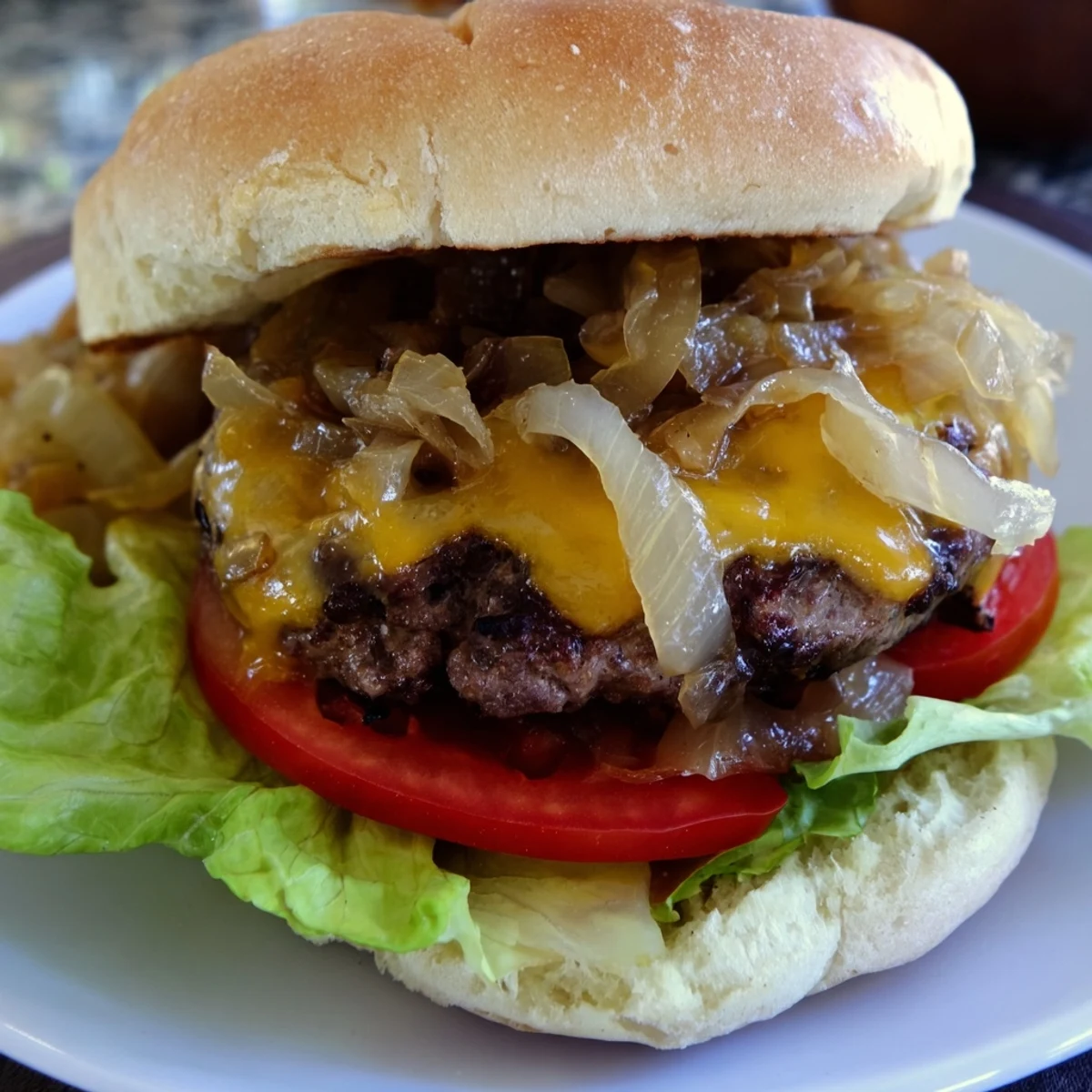 Classic Beef Burgers with Caramelized Onions feature a char-grilled patty, sweet onions, and melted cheddar cheese on a soft bun.