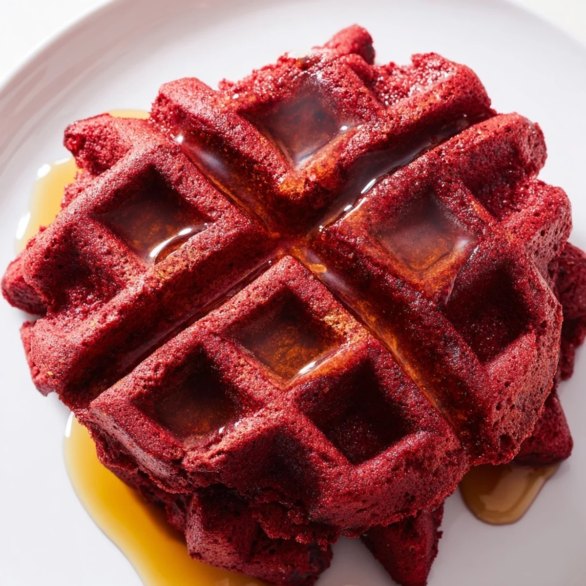 Fluffy Red Velvet Waffles with Syrup, fresh from the iron, perfect for a festive breakfast or brunch.