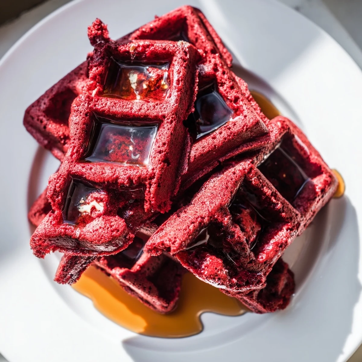A close-up of Red Velvet Waffles with Syrup, ready for berries or whipped cream.