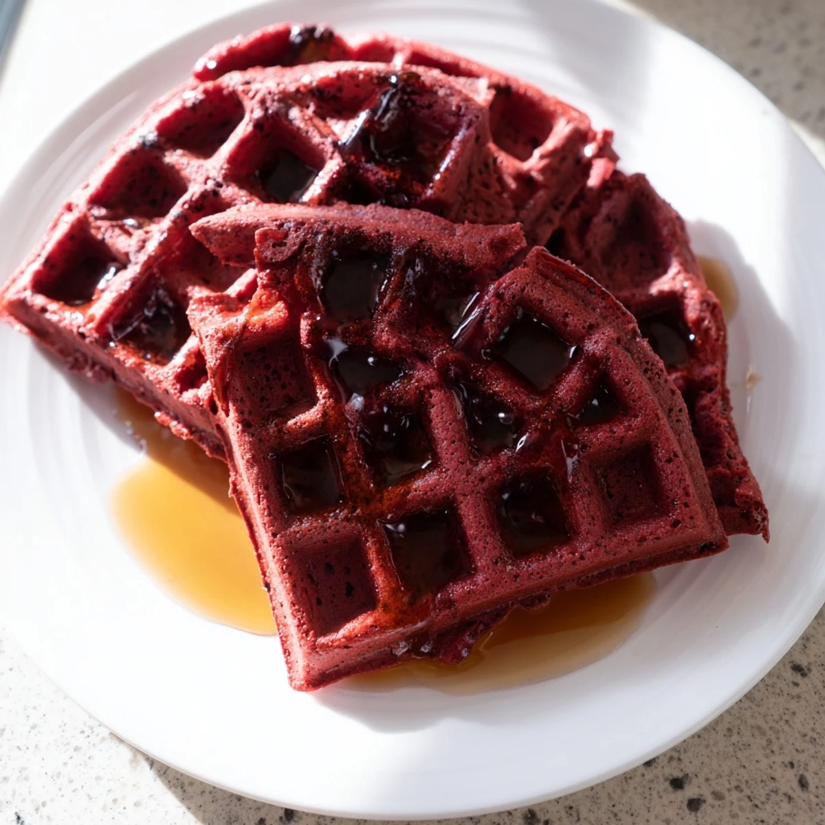 Golden-crisp Red Velvet Waffles with Syrup drizzled over the top, ideal for a cozy morning meal.