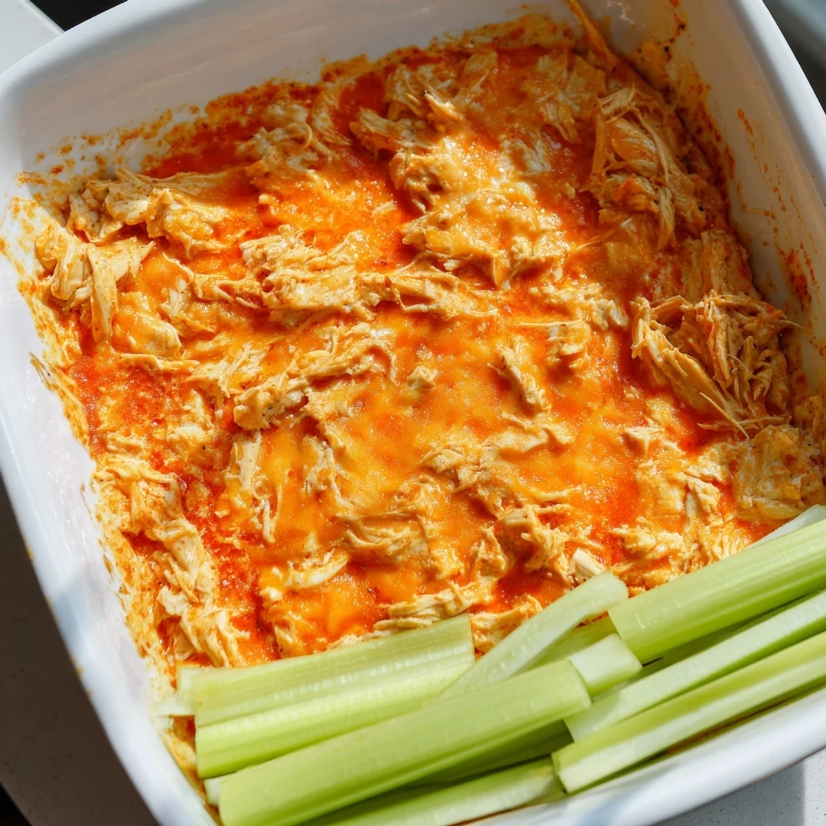 Hot, bubbly Spicy Buffalo Chicken Dip with celery sticks for dipping fresh, crisp bites.