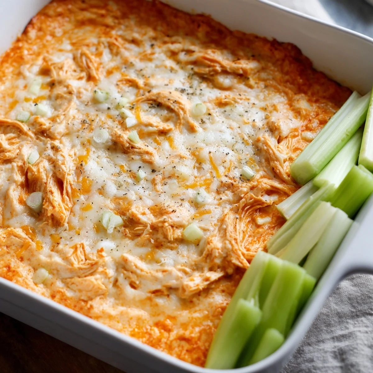 Freshly baked Spicy Buffalo Chicken Dip served warm with crunchy celery sticks for dipping.
