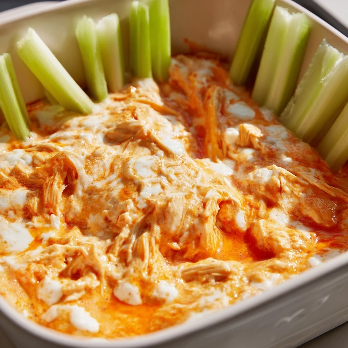 Creamy, cheesy Spicy Buffalo Chicken Dip in a golden baking dish with celery sticks on the side.