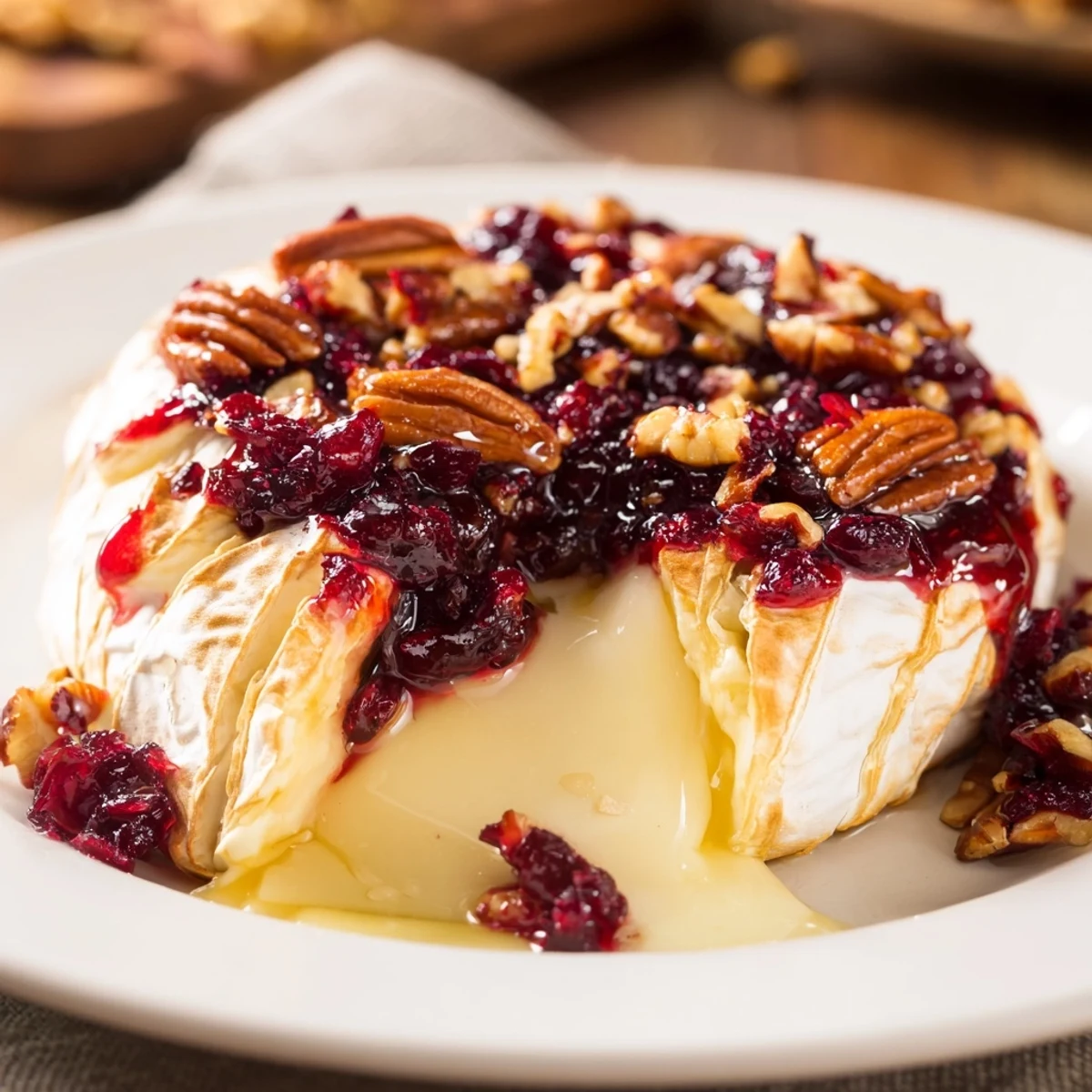 A warm wheel of Baked Brie with Cranberry and Pecan, gooey center oozing onto a rustic wooden platter.