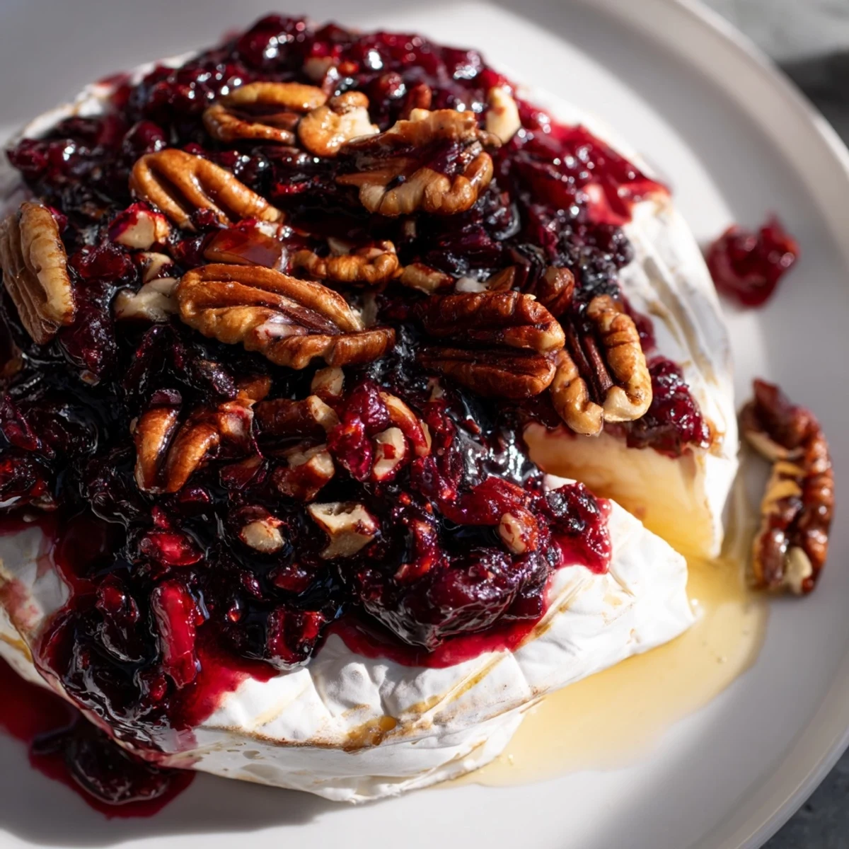 A delicious Baked Brie with Cranberry and Pecan served with crusty bread, fresh rosemary, and honey drizzle.