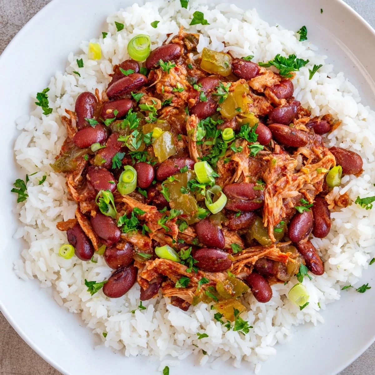 Creamy Creole Red Beans and Rice with Smoked Turkey served fluffy with fresh parsley garnish.