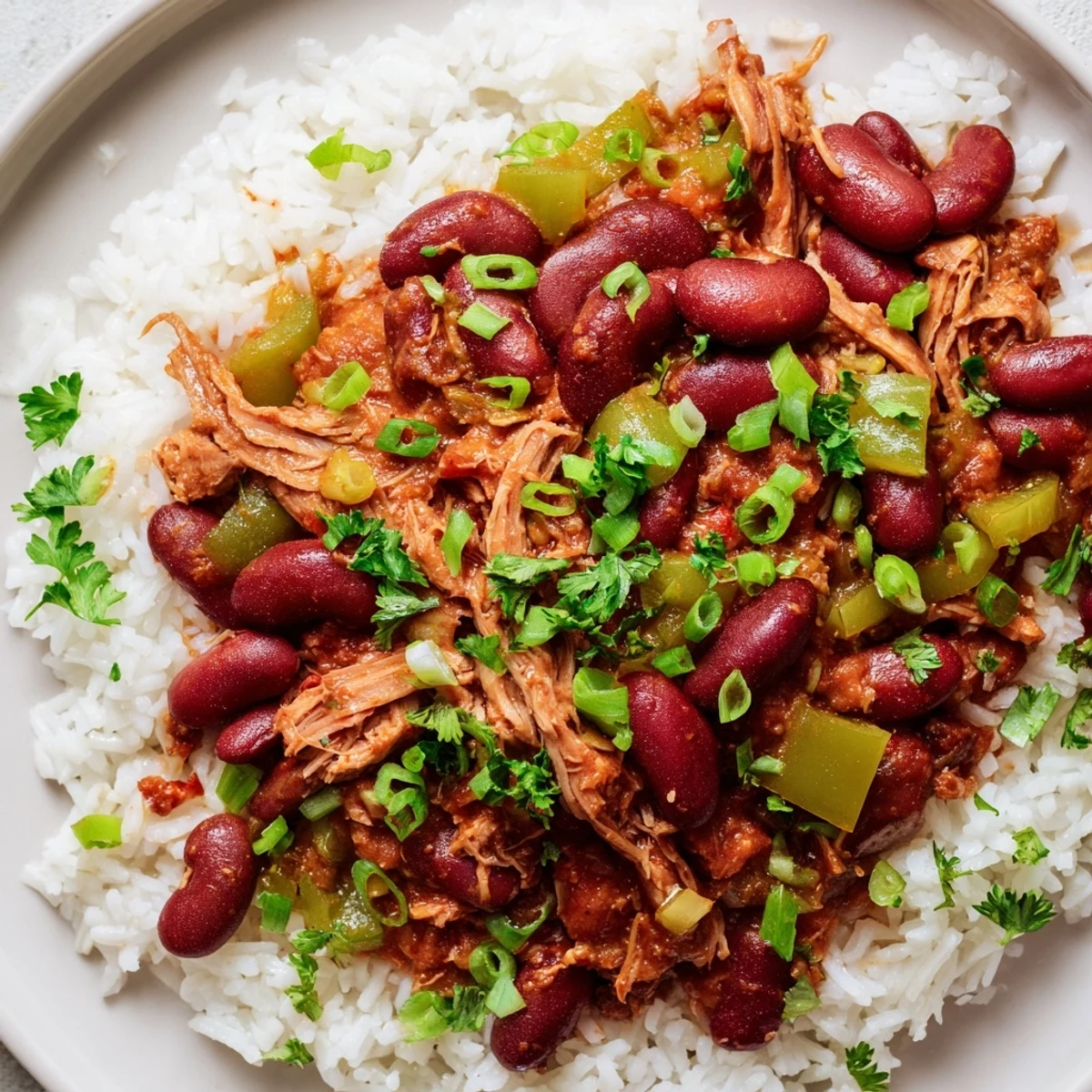 Classic Creole Red Beans and Rice with Smoked Turkey in a rustic bowl, ready to serve.
