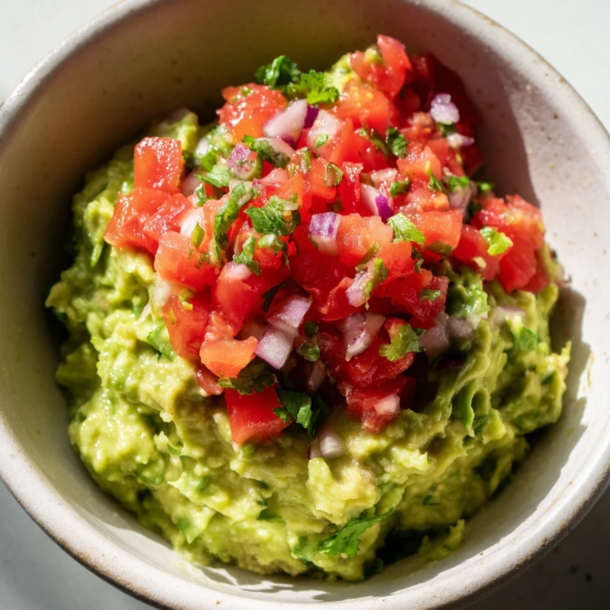 Freshly mashed Game Day Guacamole with Salsa, topped with chunky tomatoes, red onion, and jalapeño in a rustic bowl.