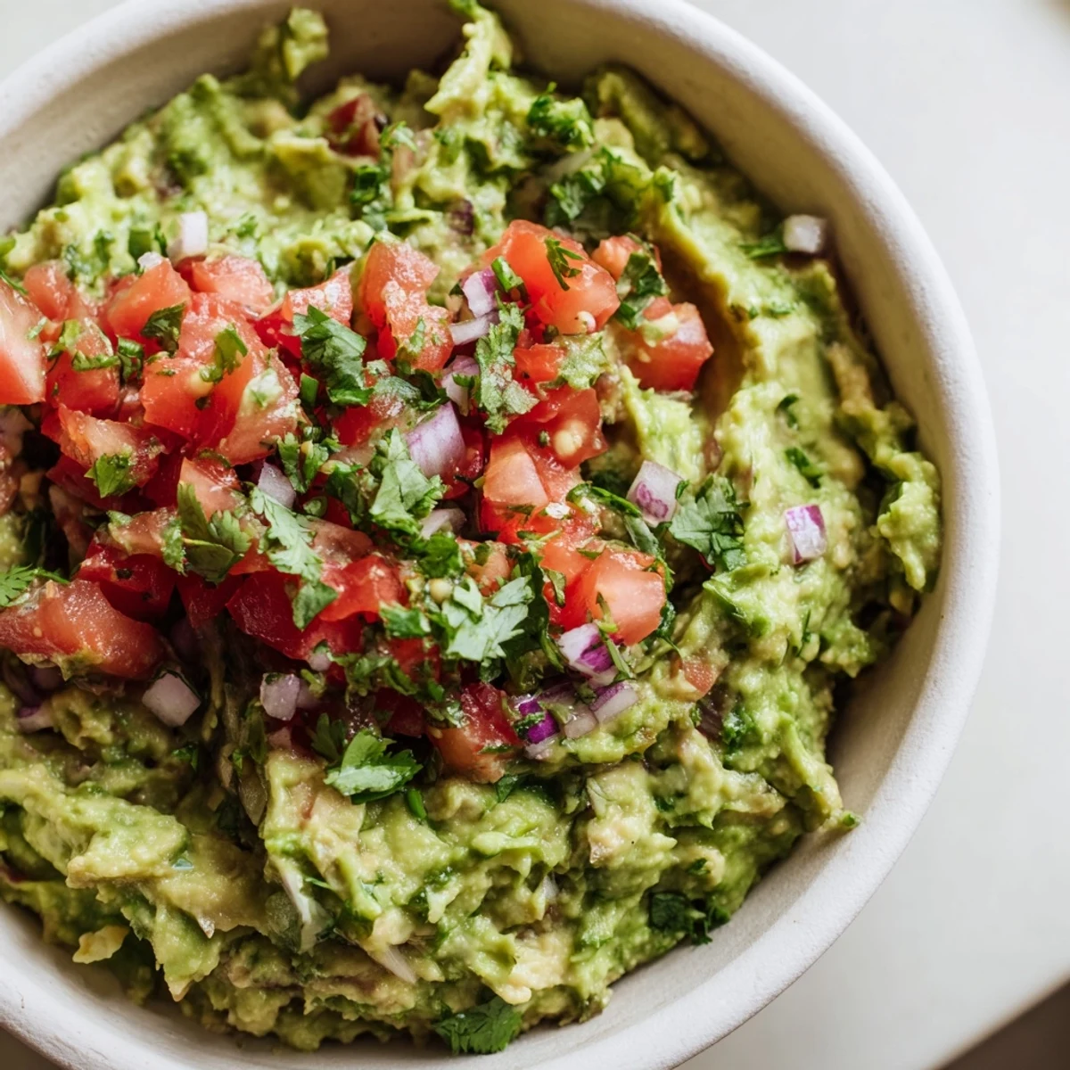 Game Day Guacamole with Salsa served chunky and zesty, featuring a bright tomato salsa topping and a sprinkle of cilantro.