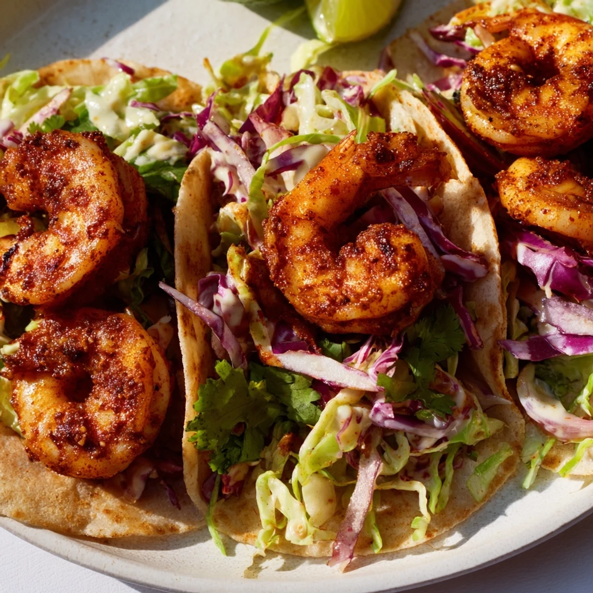 Juicy, spice-rubbed shrimp nestled in warm corn tortillas, topped with a crisp, tangy cabbage slaw and fresh cilantro garnish.