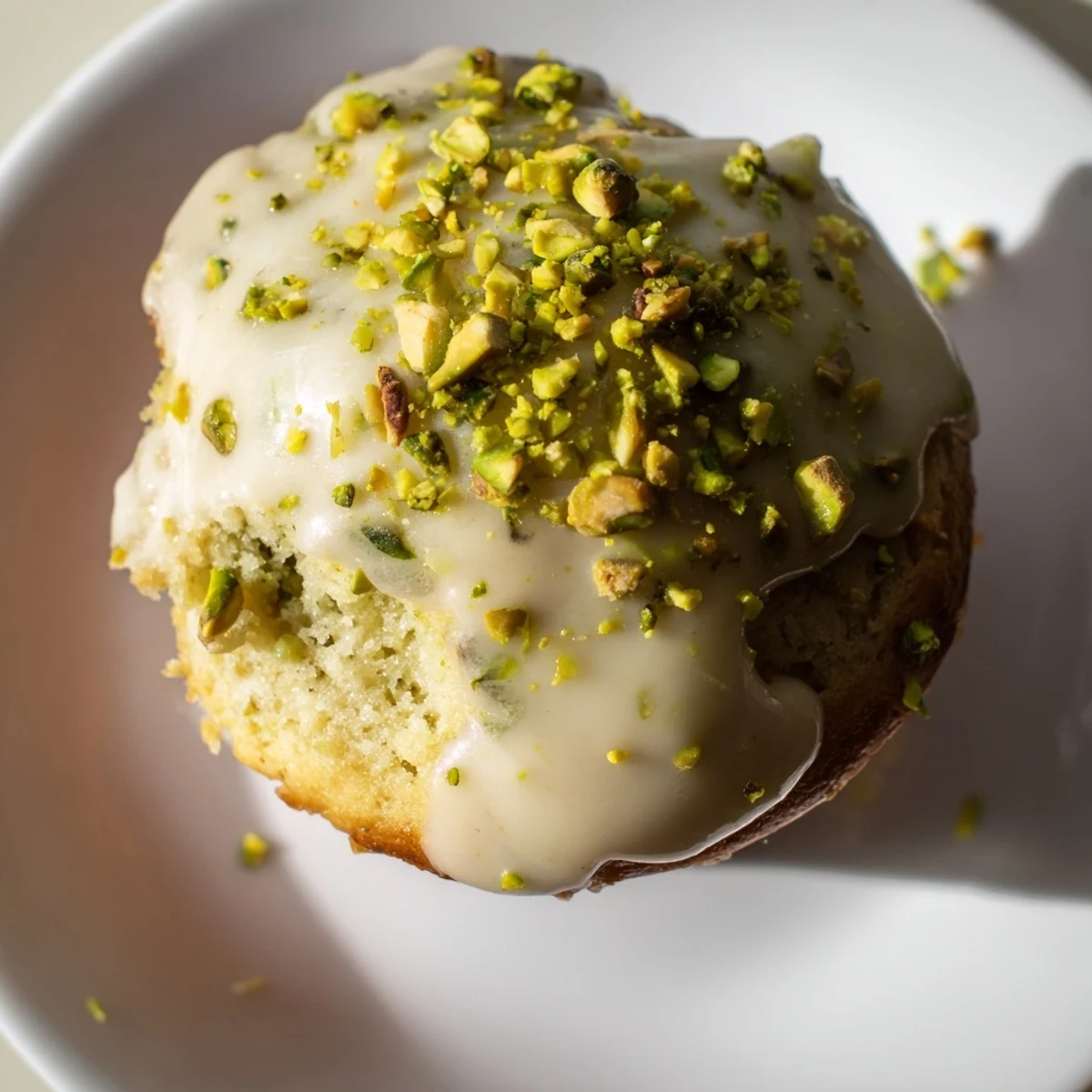 Golden-baked pistachio muffins with a glossy vanilla glaze, ready for a cozy breakfast or afternoon treat.
