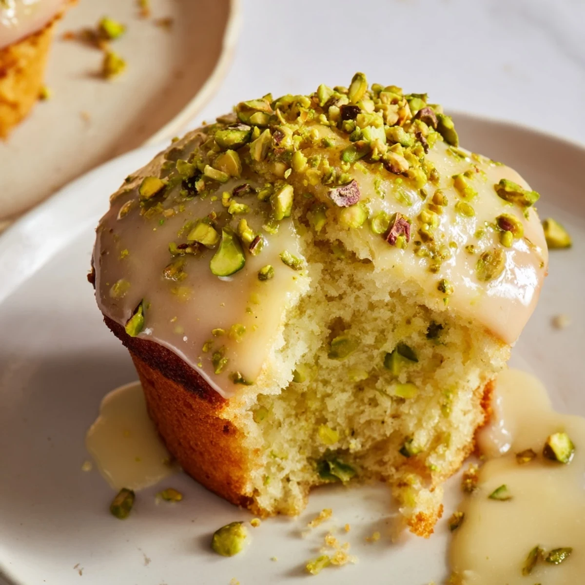 Freshly glazed pistachio muffins showcasing nutty crumb and sweet vanilla drizzle on a rustic table.