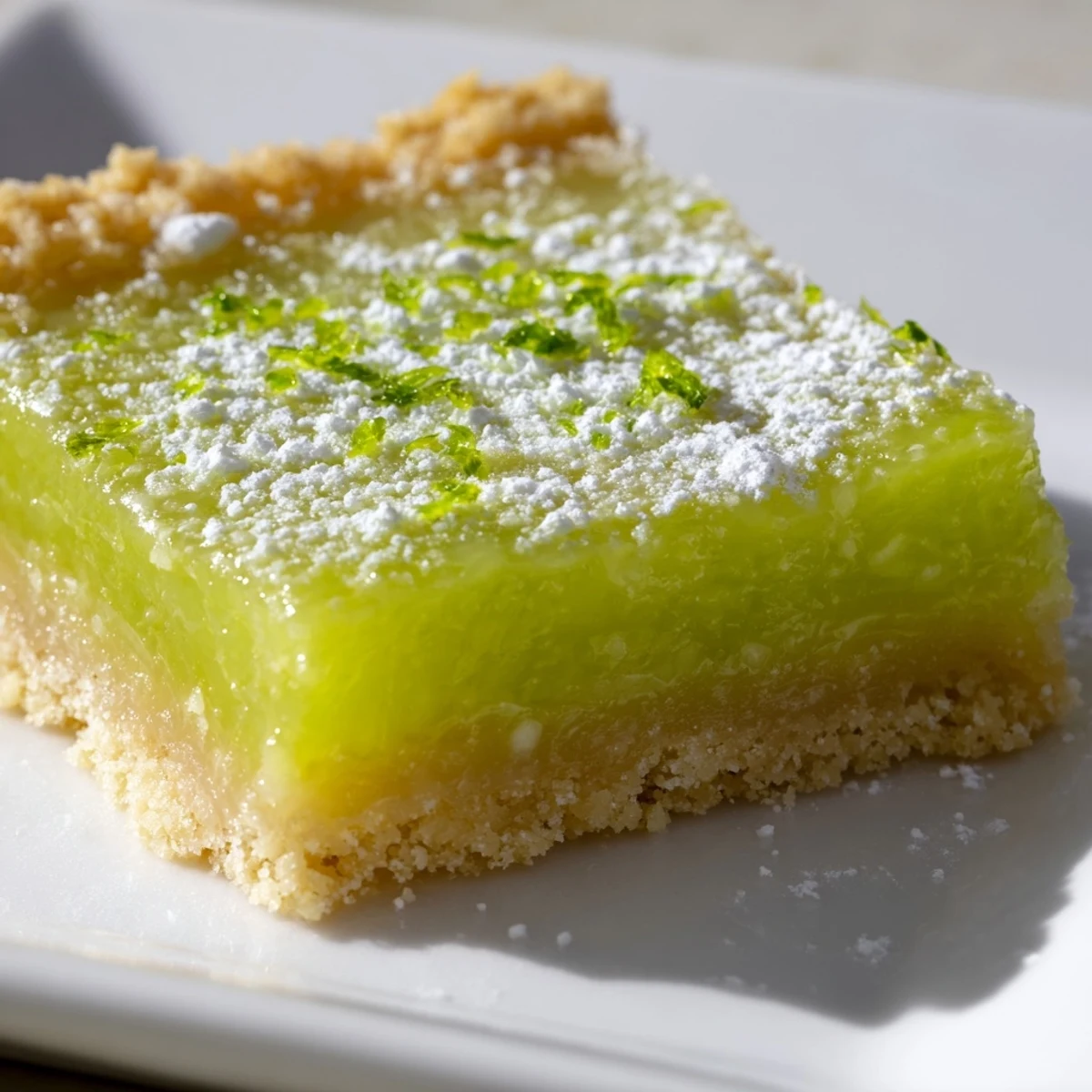 Golden-brown Lime Bars with Graham Cracker Crust, featuring a vibrant, tangy lime filling and a light dusting of powdered sugar.  