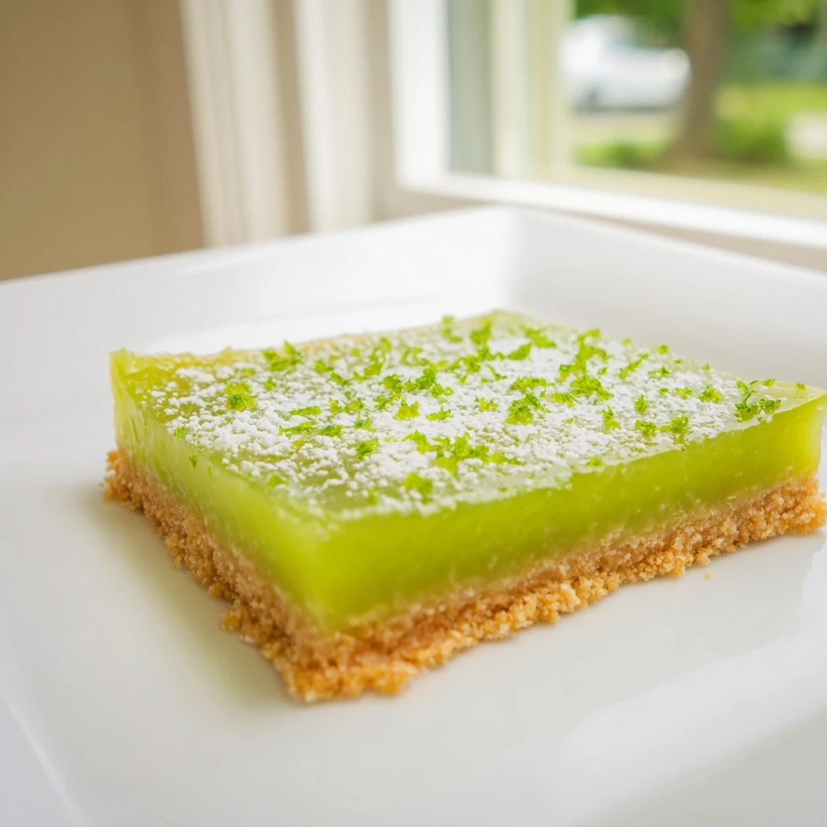 A sliced piece of Lime Bars with Graham Cracker Crust resting on a white plate, revealing the bright yellow filling and textured crust.