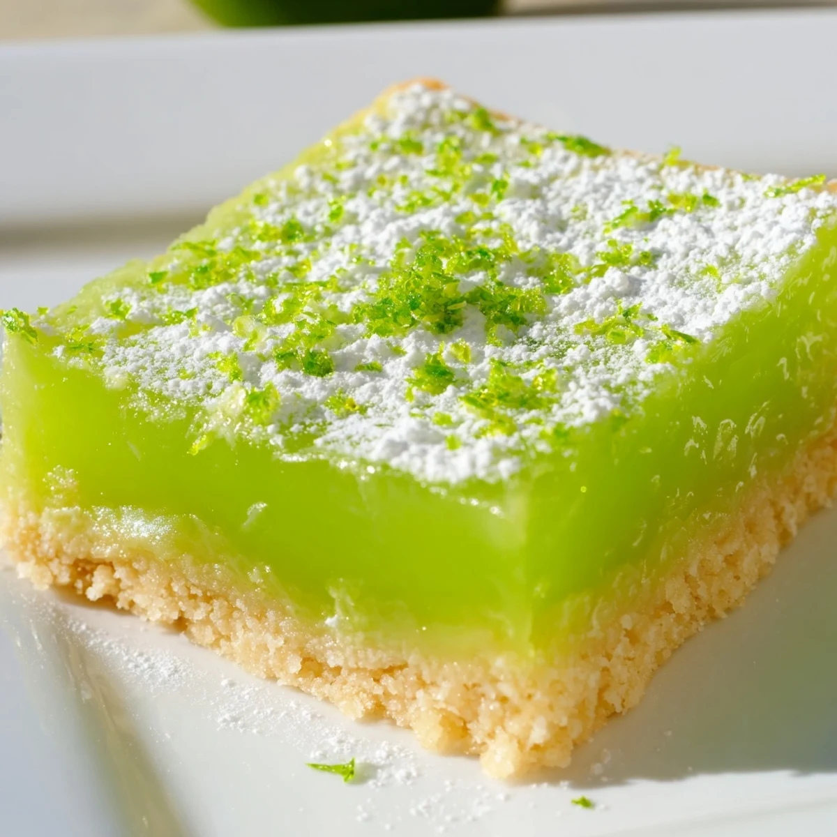 A close-up of Lime Bars with Graham Cracker Crust showcasing the smooth citrus curd on a buttery, crunchy base, perfect for summer gatherings.  