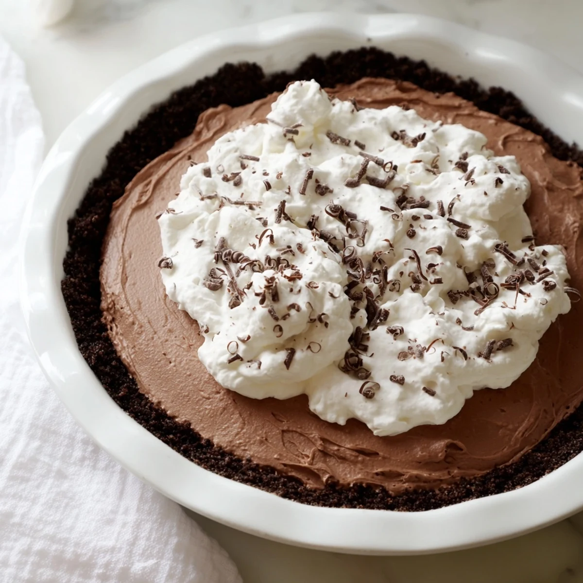 Chocolate Silk Pie with Whipped Cream garnished with chocolate shavings, served chilled alongside a hot cup of coffee.