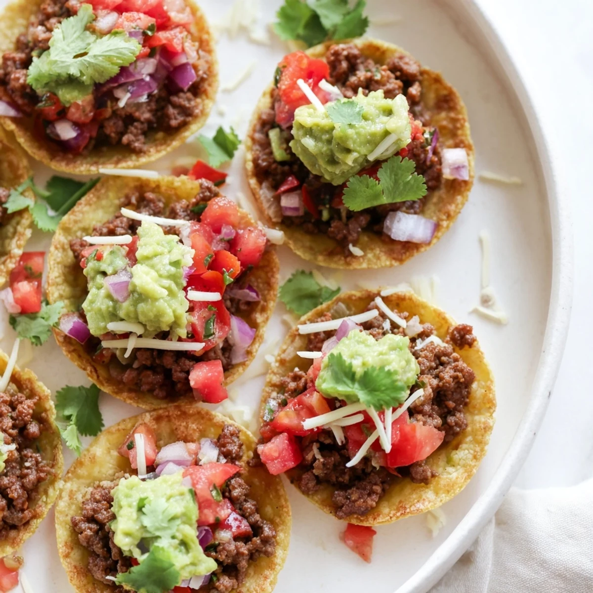 Golden-brown mini tacos with seasoned ground beef, topped with fresh salsa and creamy guacamole on a serving platter.