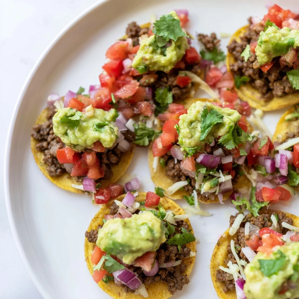 Hearty mini tacos with seasoned beef, fresh salsa, and guacamole, garnished with cilantro and lime wedges.